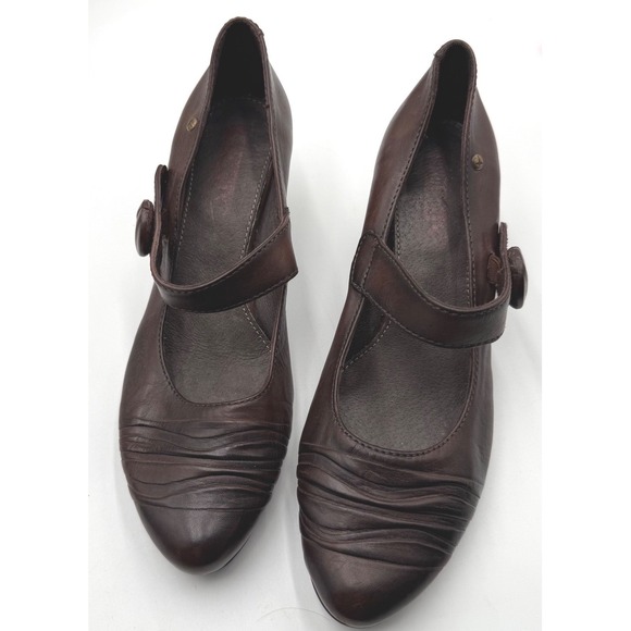 PIKOLINOS Shoes - Pikolinos Brown Leather Mary Jane Pleated Round Toe Cone Heels Womens 38